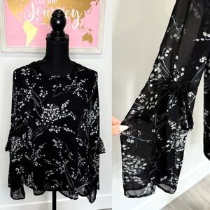 Cloud Chaser Sheer Black Floral Blouse with Tie Sleeves (L)